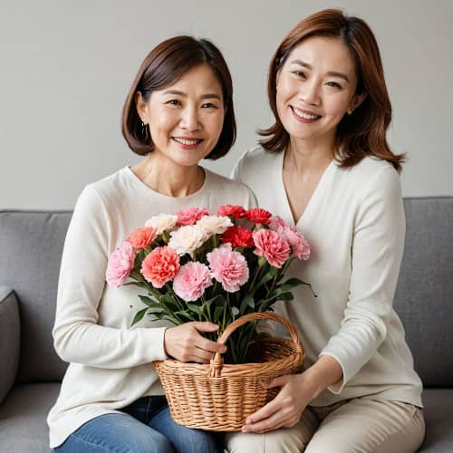 엄마에게 카네이션 꽃바구니을 전달하는 딸