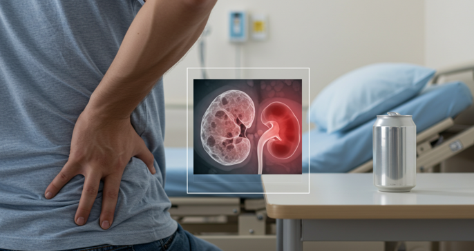 신장 내부에 결석이 생긴 구조를 나타낸 의학 일러스트