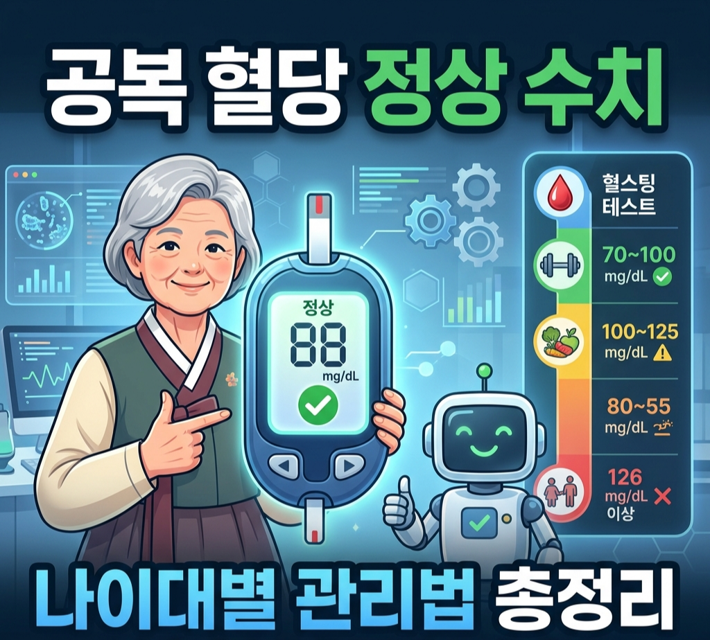 공복 혈당 정상수치 기준 및 70대 이상 저혈당 예방을 포함한 나이대별 관리법 인포그래픽 썸네일"