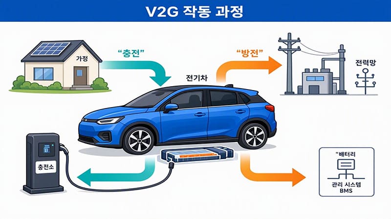 <img src=&rdquo;how-v2g-vehicle-to-grid-worksjpg&rdquo; alt=&rdquo;전기자동차 배터리에 저장된 전기를 전력망으로 보내고, 전력망에서 자동차로 다시 충전하는 V2G 양방향 전력 공급 기술의 작동 원리와 충전 및 방전 과정을 설명하는 그래픽&rdquo;>