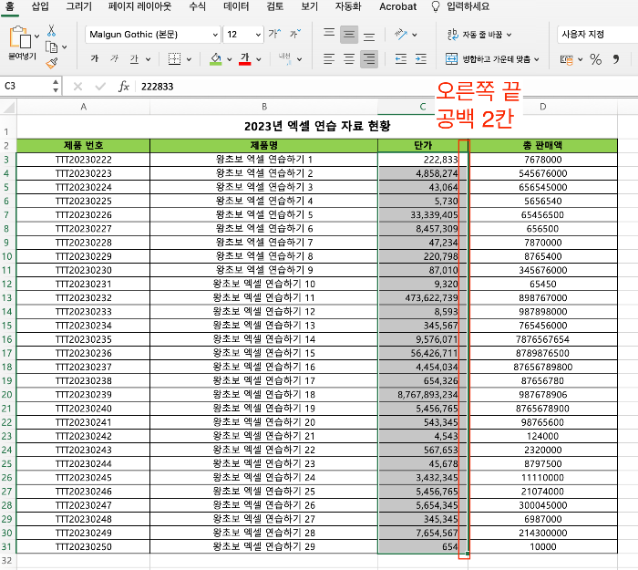 셀 서식, 사용자 지정에서 공백 2칸 설정 적용 확인하기