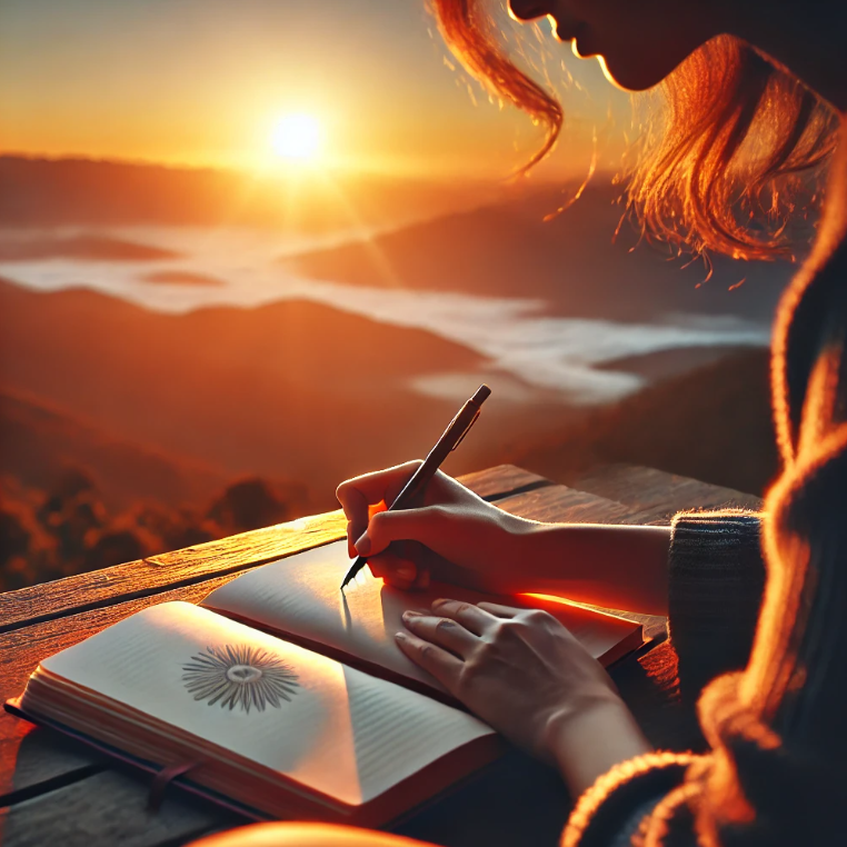 한 사람이 일출을 바라보며 다이어리에 명언을 적는 모습