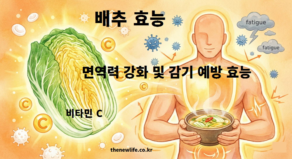 배추의 풍부한 비타민 C가 바이러스와 피로 물질을 막아주는 보호막 역할을 하는 일러스트. 따뜻한 배추국과 함께 면역력 강화 및 감기 예방이라는 배추 효능을 강조한 이미지