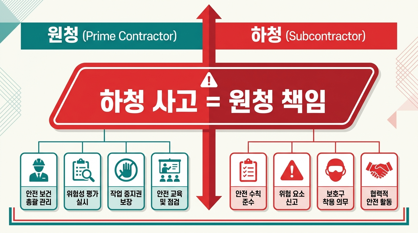 원청 하청 도급 안전보건 의무 3분 정리 — 제63조 안전조치·제64조 8가지 예방조치 인포그래픽