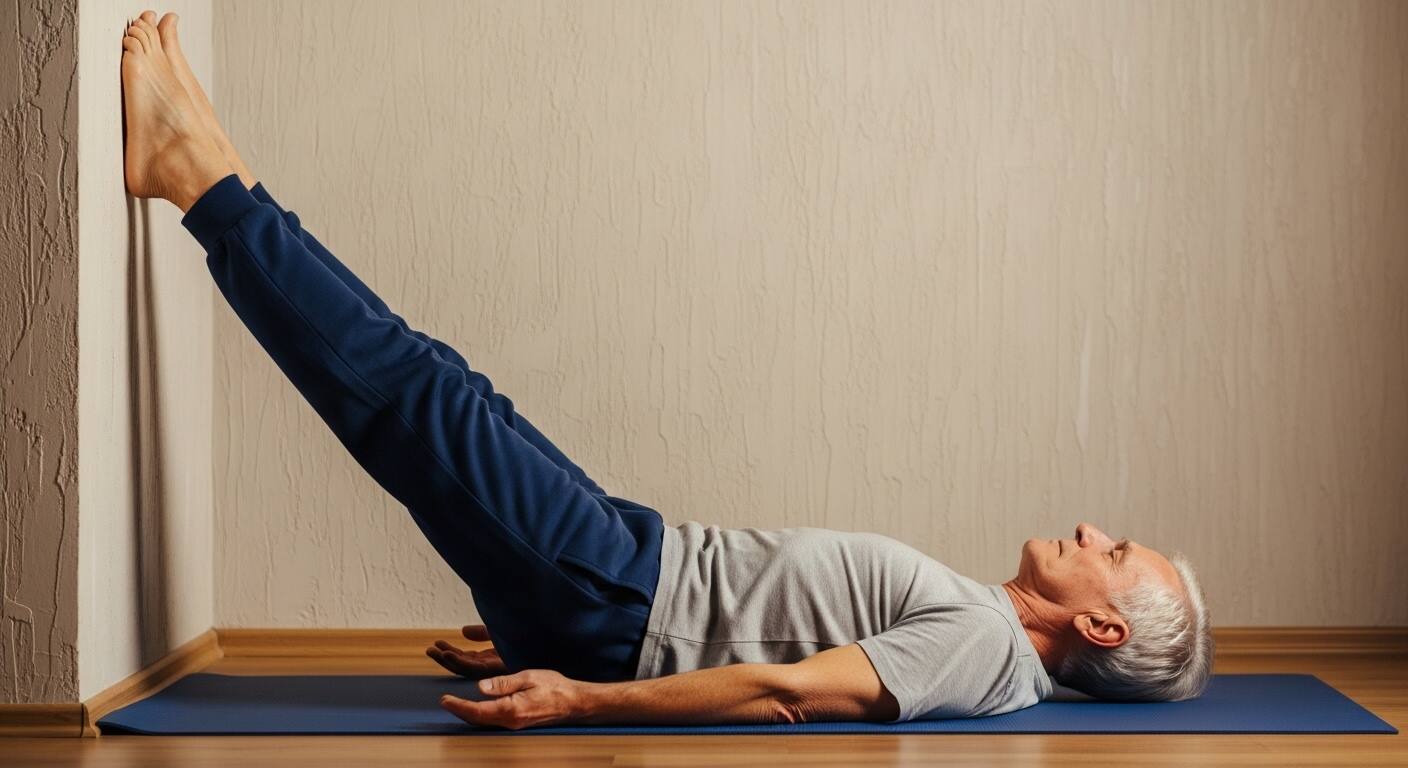 벽에 다리를 올리고 누워 있는 모습