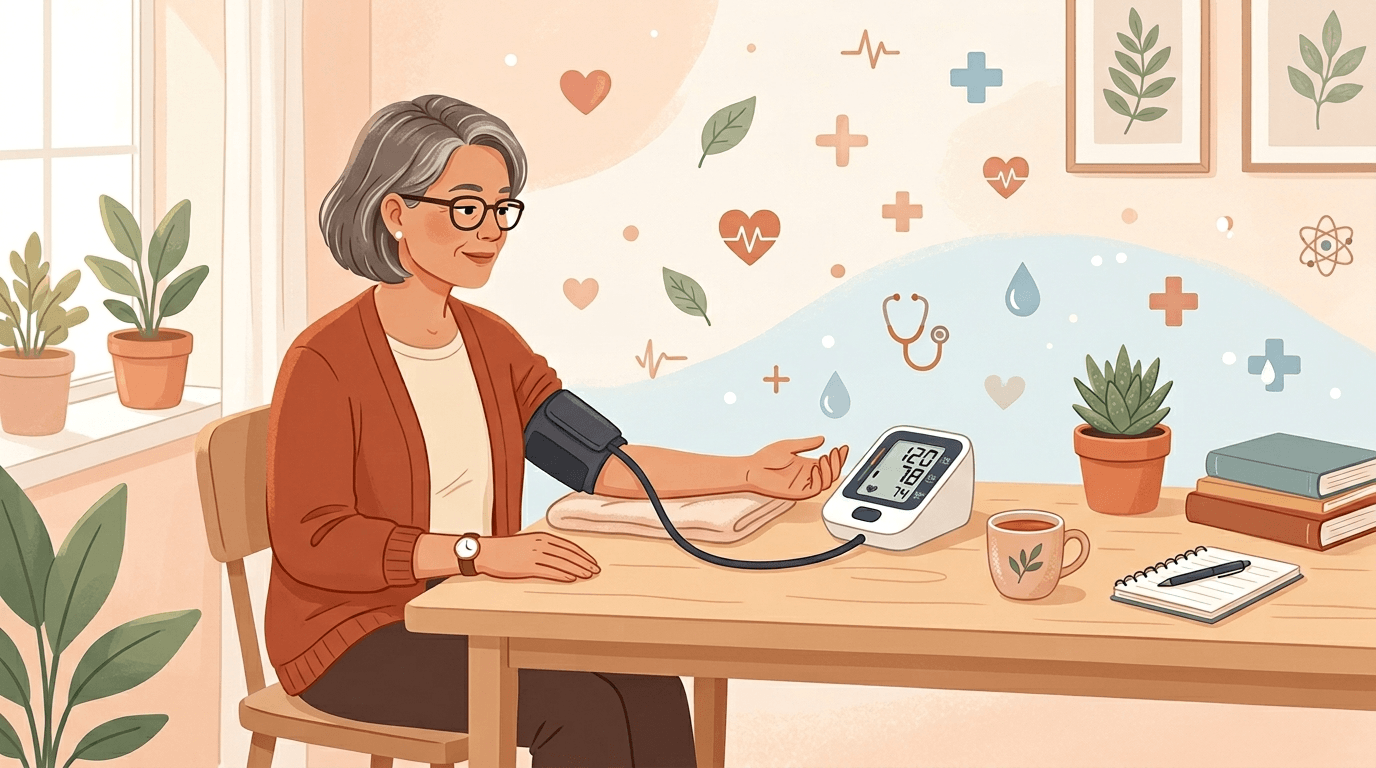 집에서 혈압계로 혈압을 측정하는 장면을 일러스트로 표현한 대표 이미지
