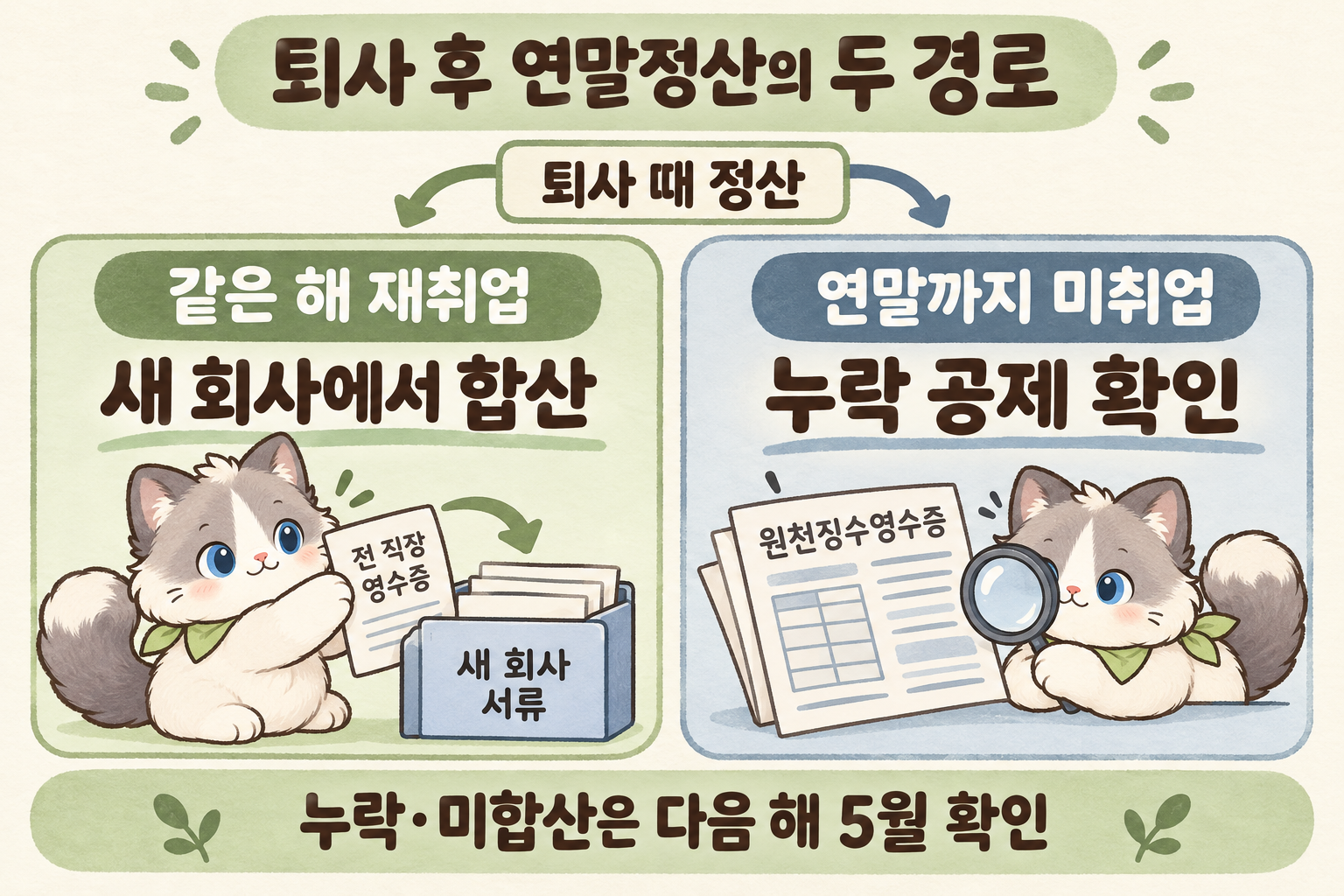 퇴사 때 정산한 뒤 같은 해 재취업자는 새 회사에서 소득을 합산하고 연말까지 미취업한 사람은 누락 공제를 확인하는 두 경로. 코미가 전 직장 영수증을 새 회사 서류 묶음으로 옮긴다.