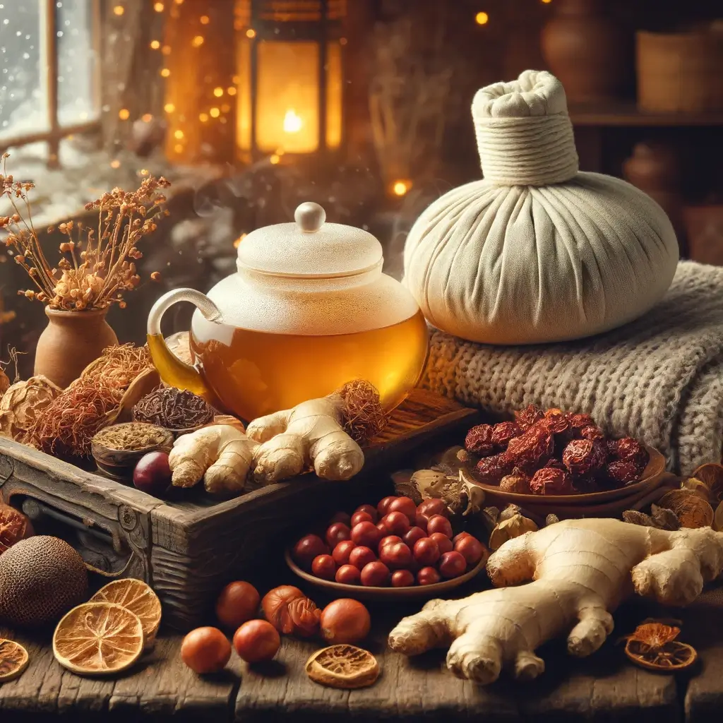 겨울철-건강-관리를-위한-좋은-허브를-보여주는-장면-허브주전자와-말린-대추와-신선한-생강-오미자-열매