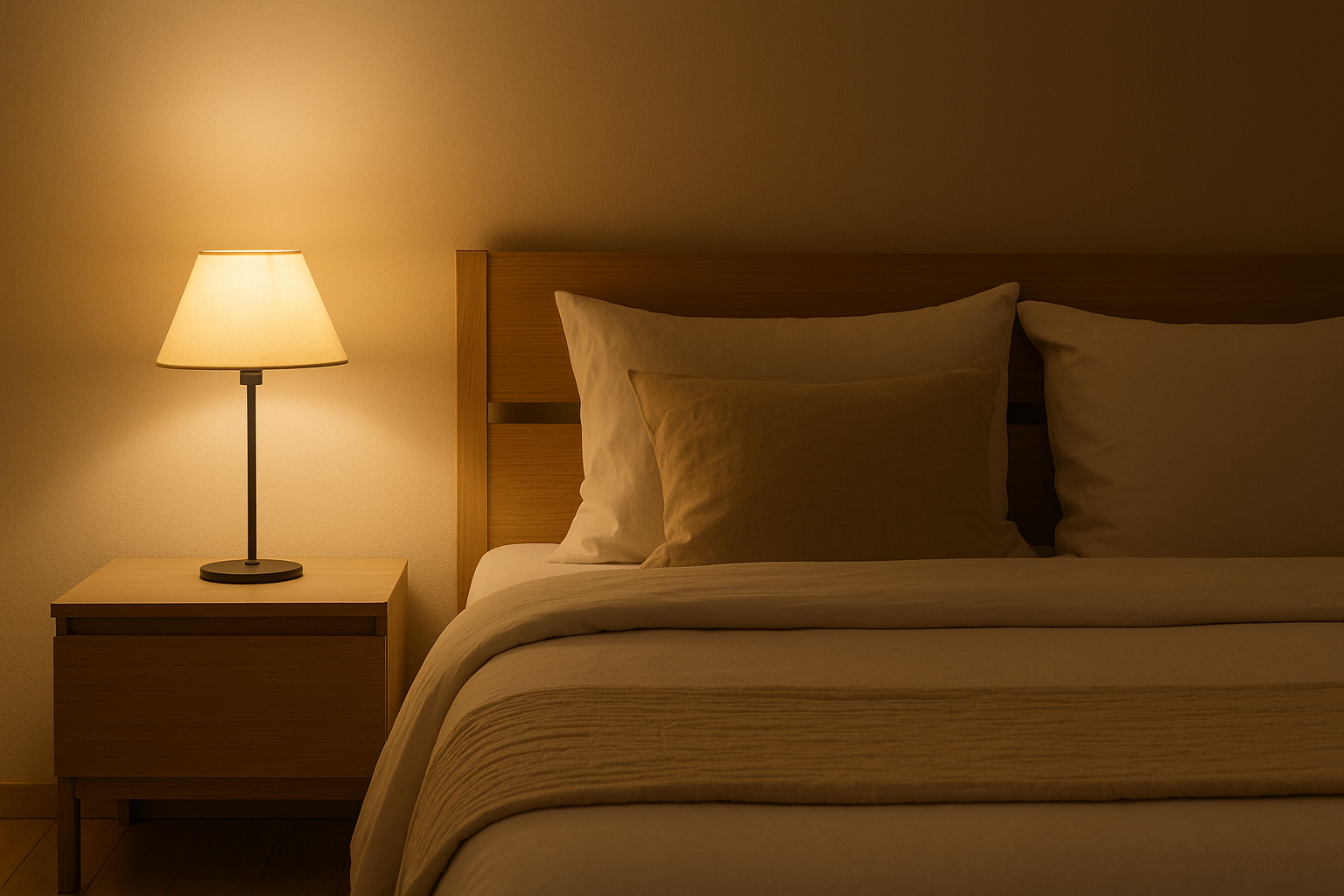 은은한 조명이 켜진 침실과 정돈된 침구