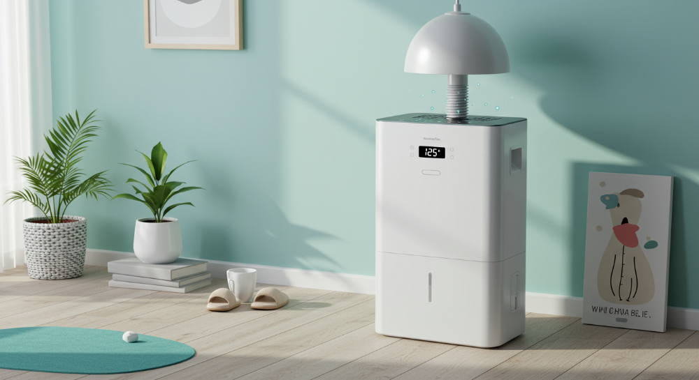 틸색상과 라이트 그레이 톤의 모던한 실내 공간에서 쾌적한 환경을 조성하며 작동 중인 제습기.