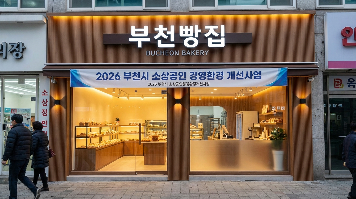 2026년 부천시 경영환경개선사업을 통해 매장 인테리어와 간판을 교체한 한국 소상공인 상점의 모습