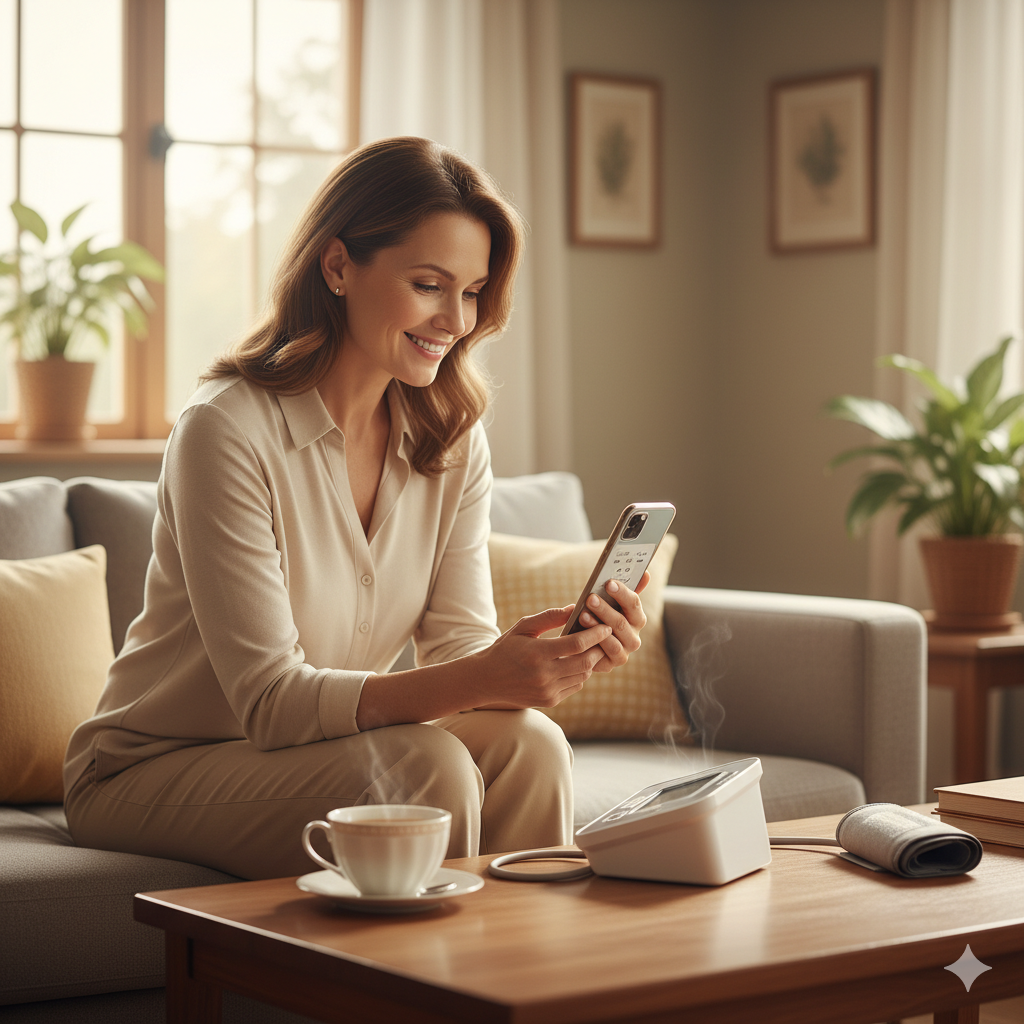 아침 햇살 속에서 스마트폰 건강관리 앱을 보며 미소 짓는 여성.