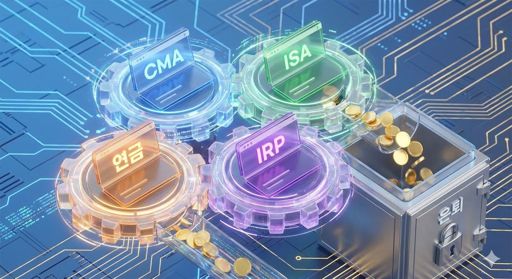 4개의 통장(CMA, ISA, 연금저축, IRP)이 톱니바퀴처럼 맞물려 돌아가며 '황금 동전'을 만들어내는 정교한 인포그래픽