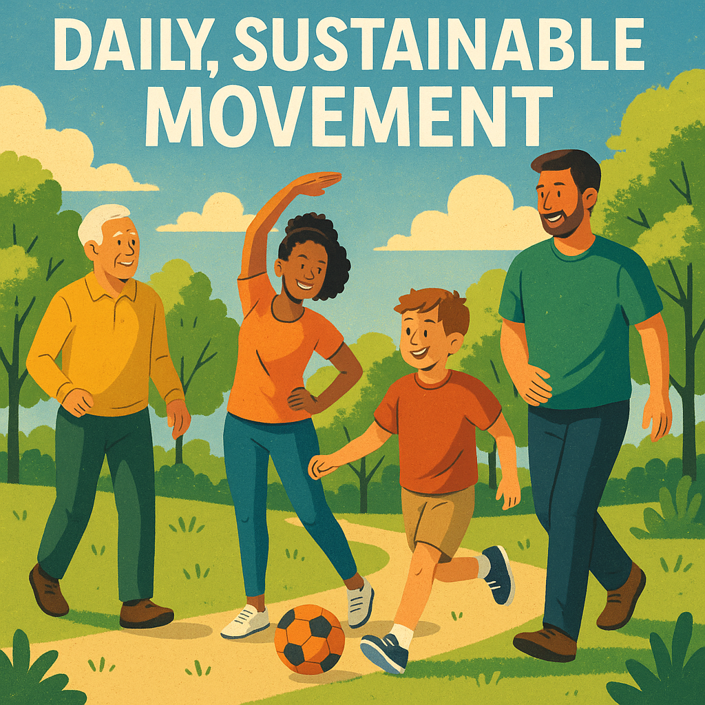 다양한 연령대의 사람들이 공원에서 걷고, 스트레칭하고, 놀며 활기차고 편안한 분위기를 연출