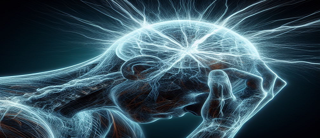 스트레스로 인해 머리를 감싸 쥔 사람의 모습 위로, 뇌를 따라 퍼지는 전기적 회로 이미지. 스트레스가 뇌와 기억에 미치는 영향을 시각화함