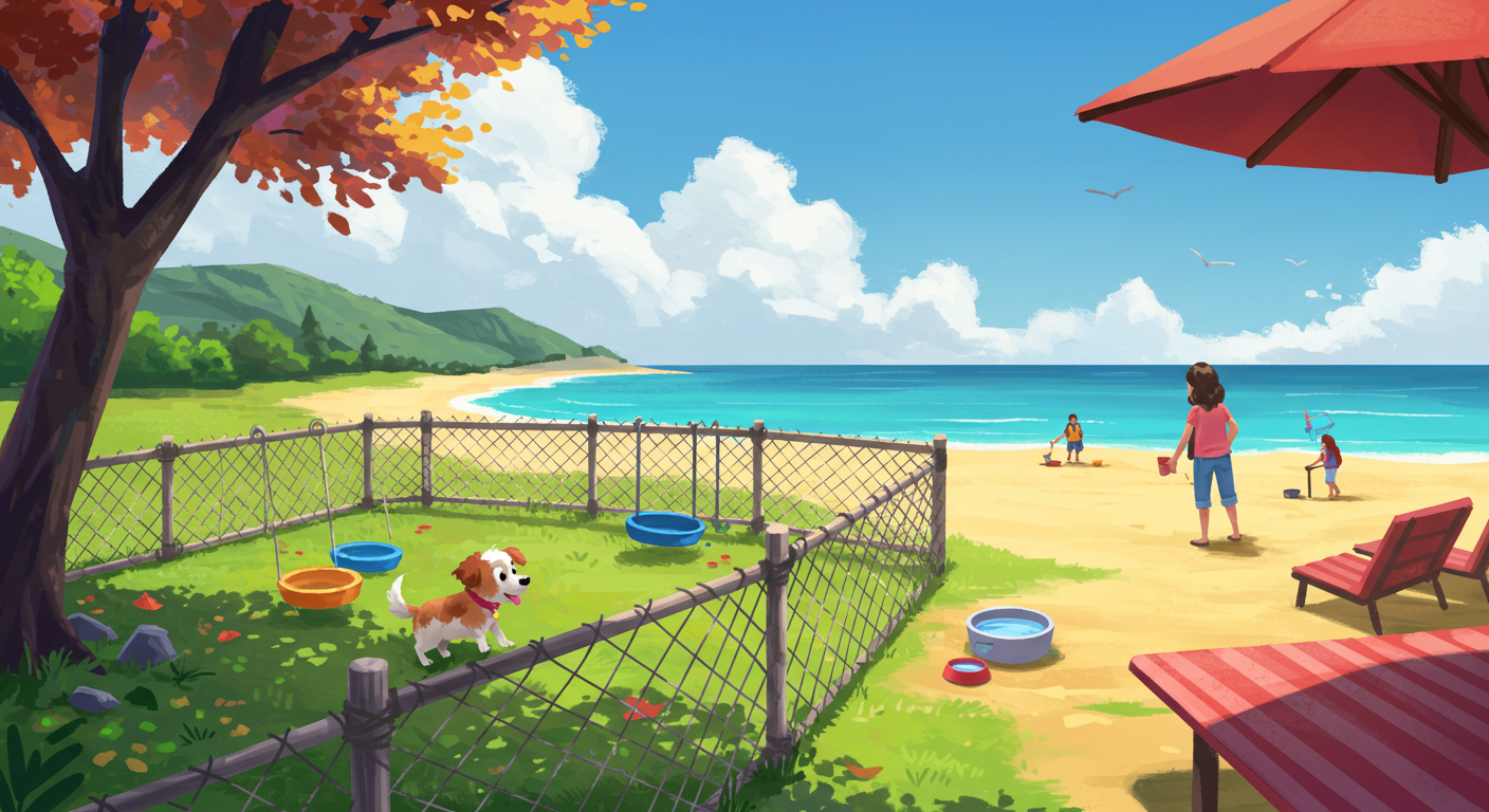 강아지 놀이터와 해변 산책을 함께 즐기는 따뜻한 아침 풍경