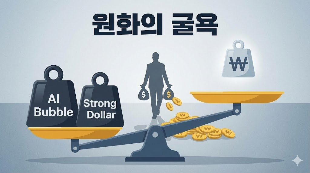 AI 버블론과 강달러 현상으로 인해 가치가 하락한 원화를 표현한 인포그래픽