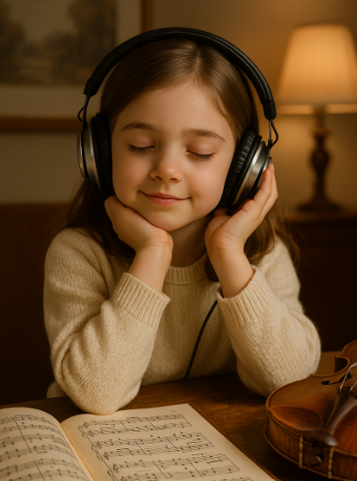 아이가 클래식 음악 듣는 이미지