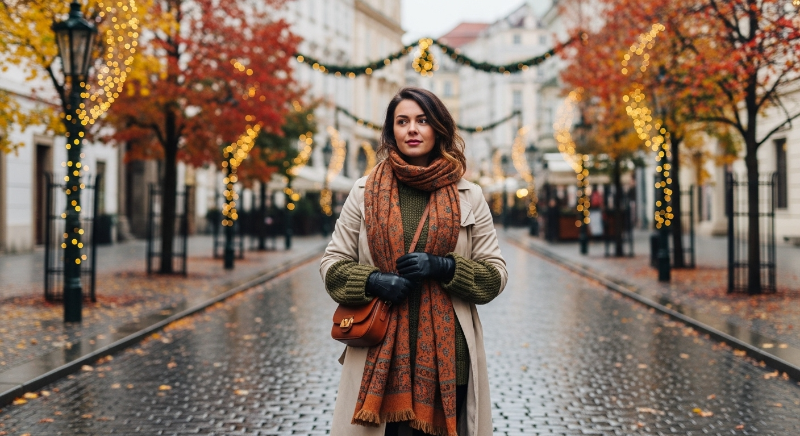11월 동유럽 여행을 위한 트렌치코트와 머플러 레이어드 룩을 입은 여행자의 모습