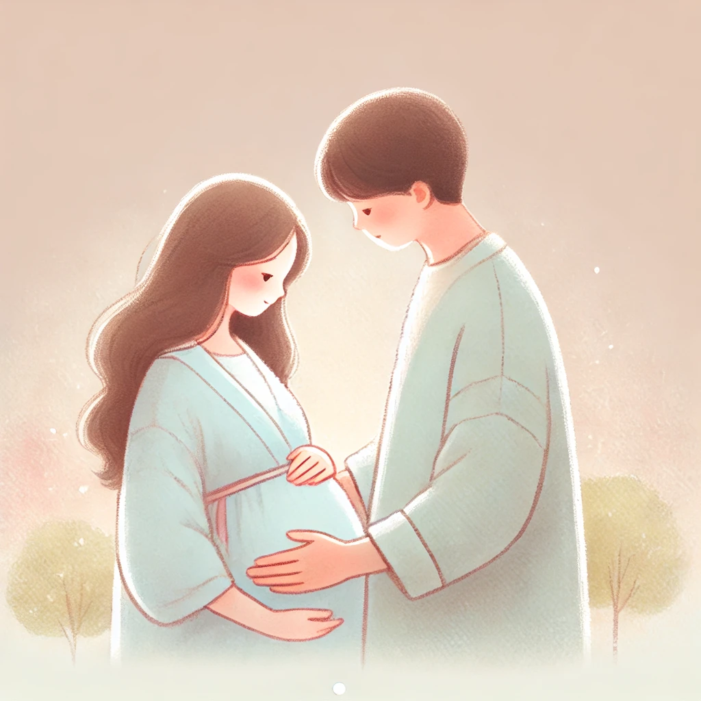 아이를 가진 여성의 모습과 그런 여성의 배에 손을 얹고 여성을 바라보고 있는 남자의 모습