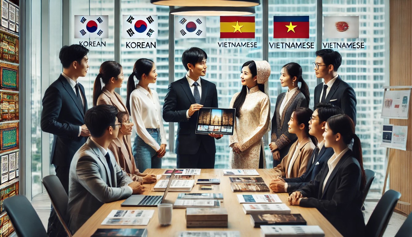 수출 바우처 지원제도. 한국과 베트남이 수출계약을 체결하는데 통역 서비스를 이용하고 있는 장면