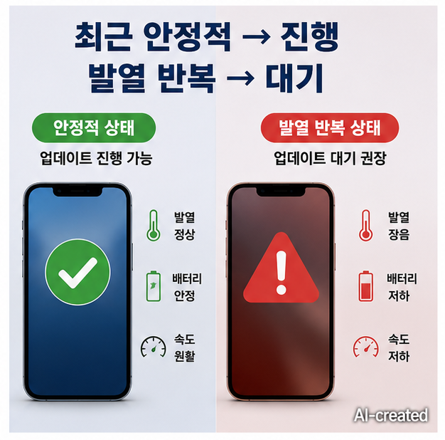 iOS 26.5 업데이트 후 정상 상태와 문제 상태를 비교하는 이미지 AI-created