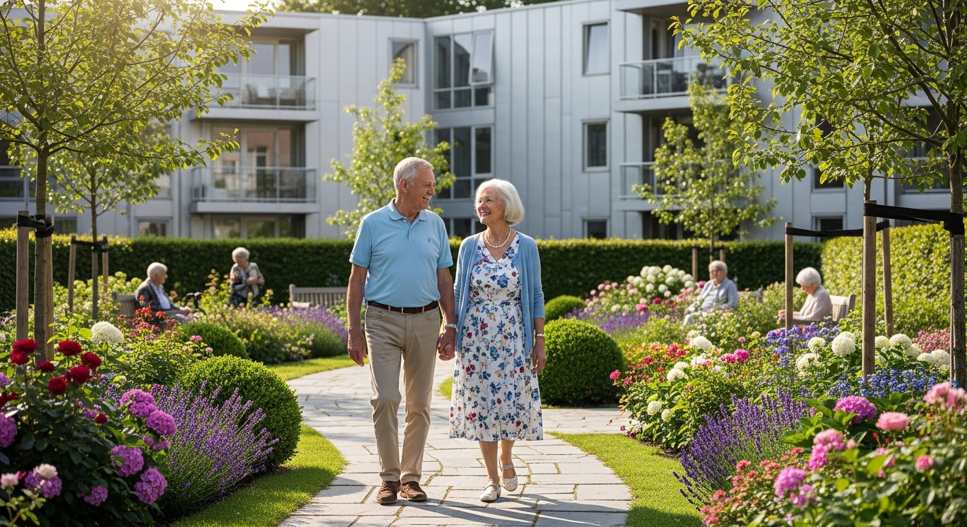 아름다운 정원을 산책하며 즐거운 시간을 보내는 노부부, 건강하고 활기찬 실버타운 생활을 보여줌.