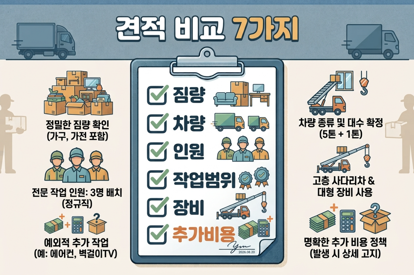 포장이사 견적서에서 짐량 차량 인원 포장 추가비용 7가지를 체크하는 이미지