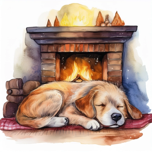 벽난로 옆에서 자는 강아지 수채화