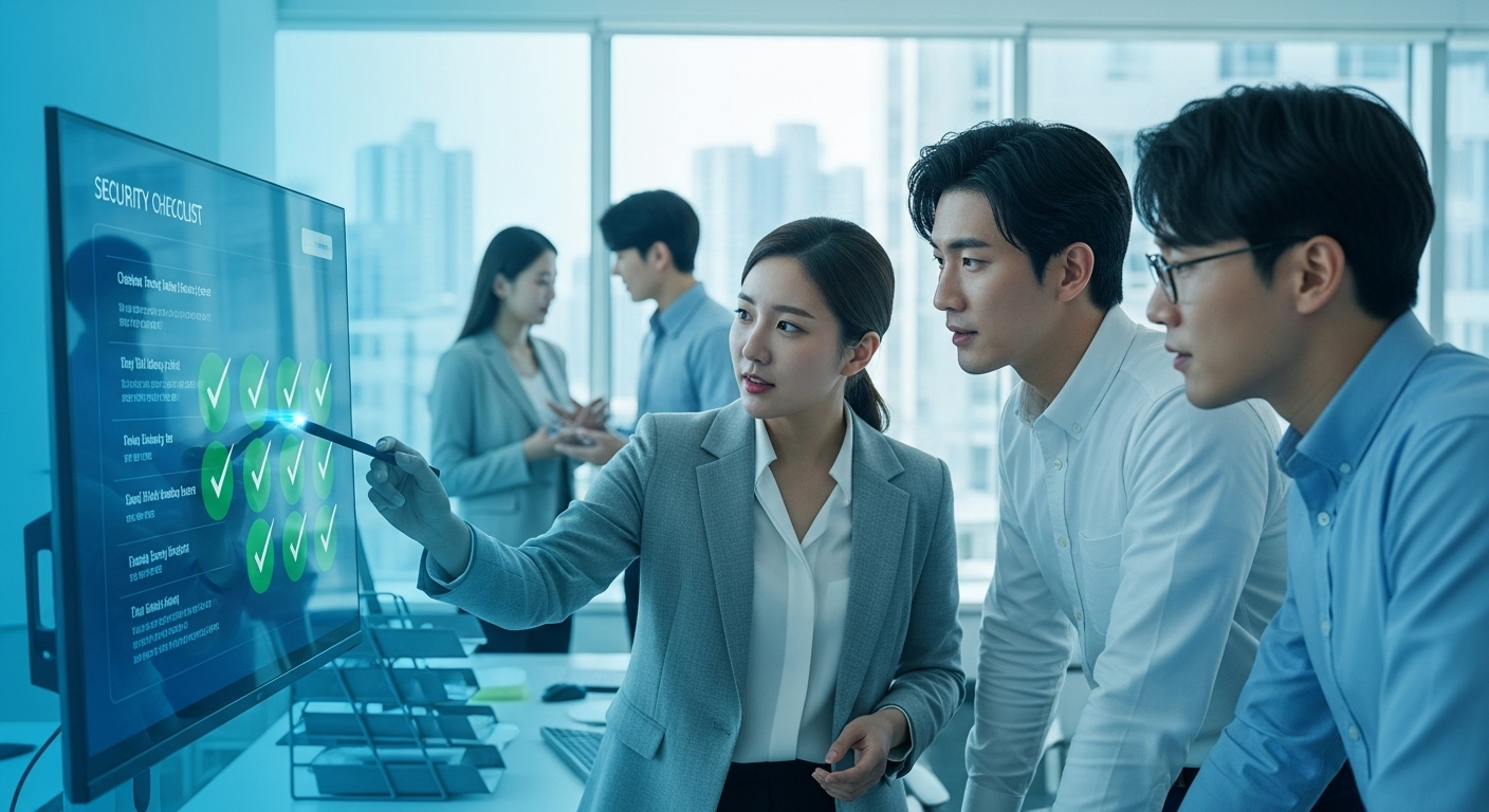 클라우드 보안 점검 리스트를 확인하며 시스템 안전성을 확보하는 IT 보안 팀의 모습