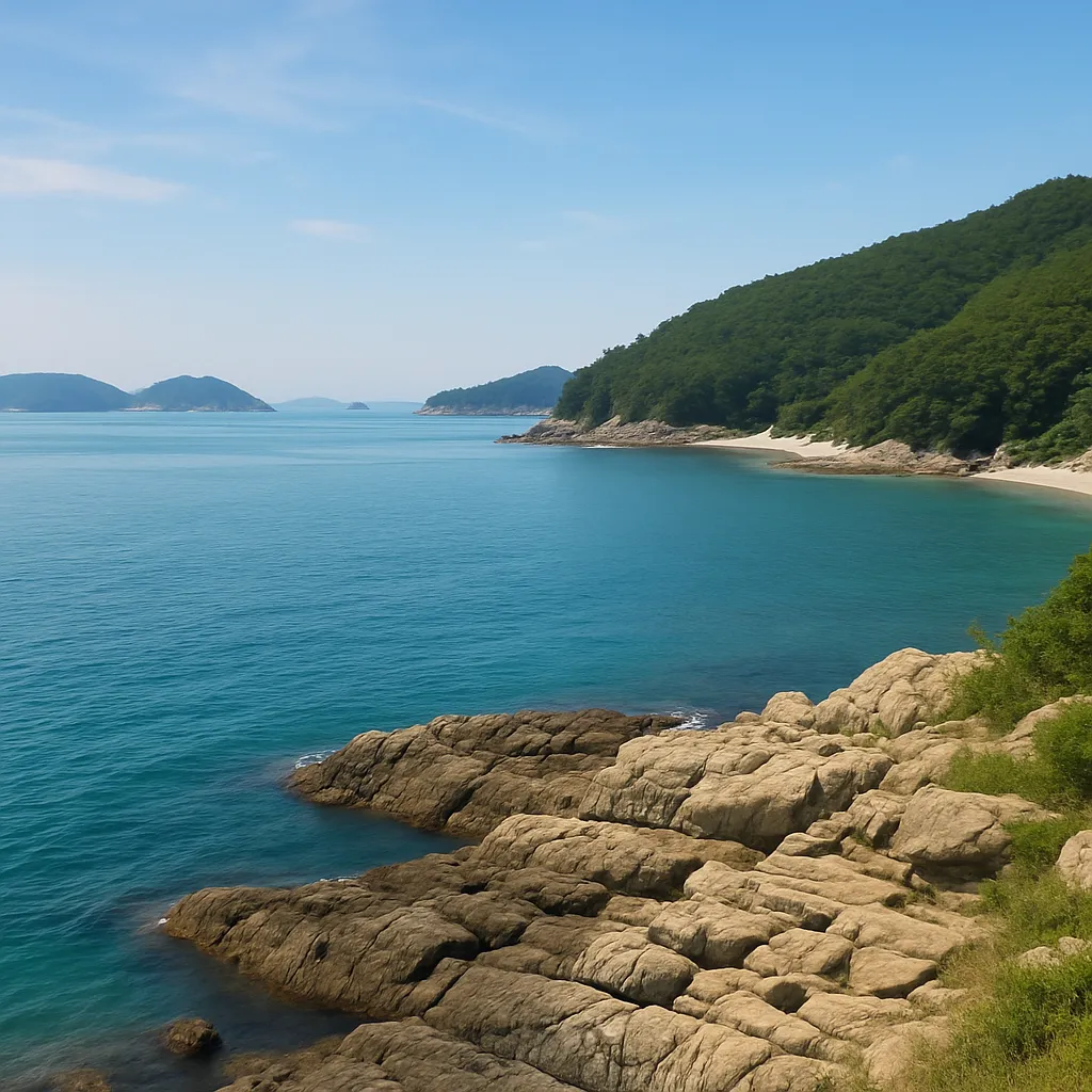 남해 바위 해안과 푸른 바다가 어우러진 고요한 풍경
