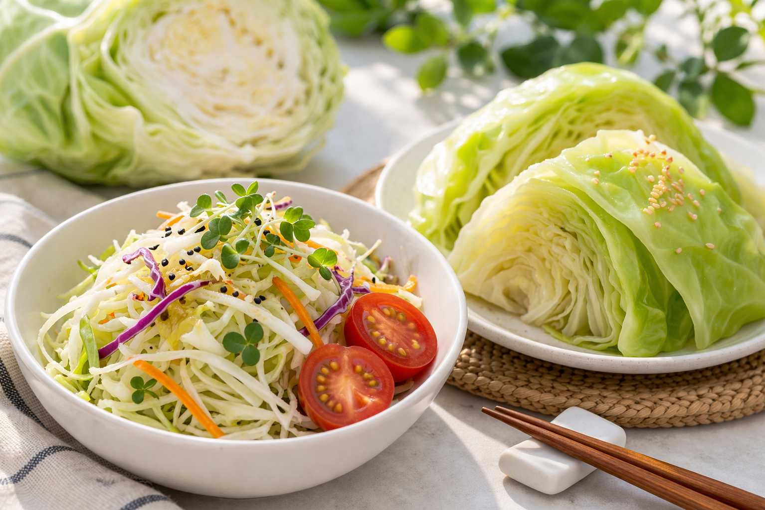 양배추로 만든 샐러드와 쪄서 식탁에 올린 사진