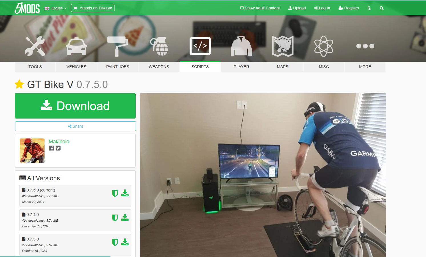 GT Bike V 다운로드 및 설치 화면 - GTA5 자전거 로라 연동 모드