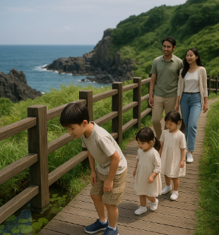 파주 임진각에서 해안 산책로를 걷고 있는 가족