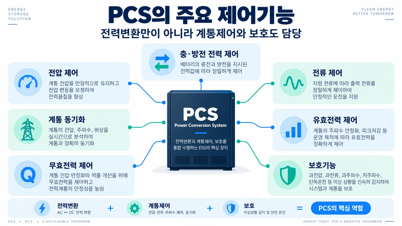 ESS PCS의 충방전 제어 전압 전류 계통동기화 유효전력 무효전력 보호 기능