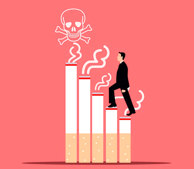 분홍색 바탕화면에 검정양복을 입은 젊은 남자가 담배로 만든 5개의 계단을 걸어간다. 맨 높은 담배에는 해골 그림이 그려졌다.