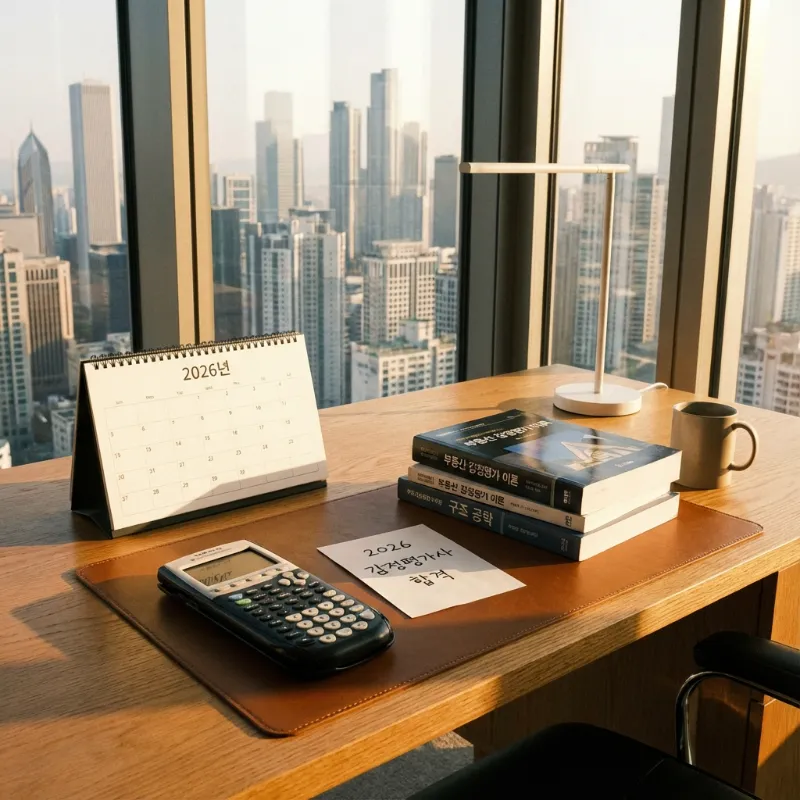 2026년 감정평가사 시험 합격을 위해 준비된 전문적인 책상 모습