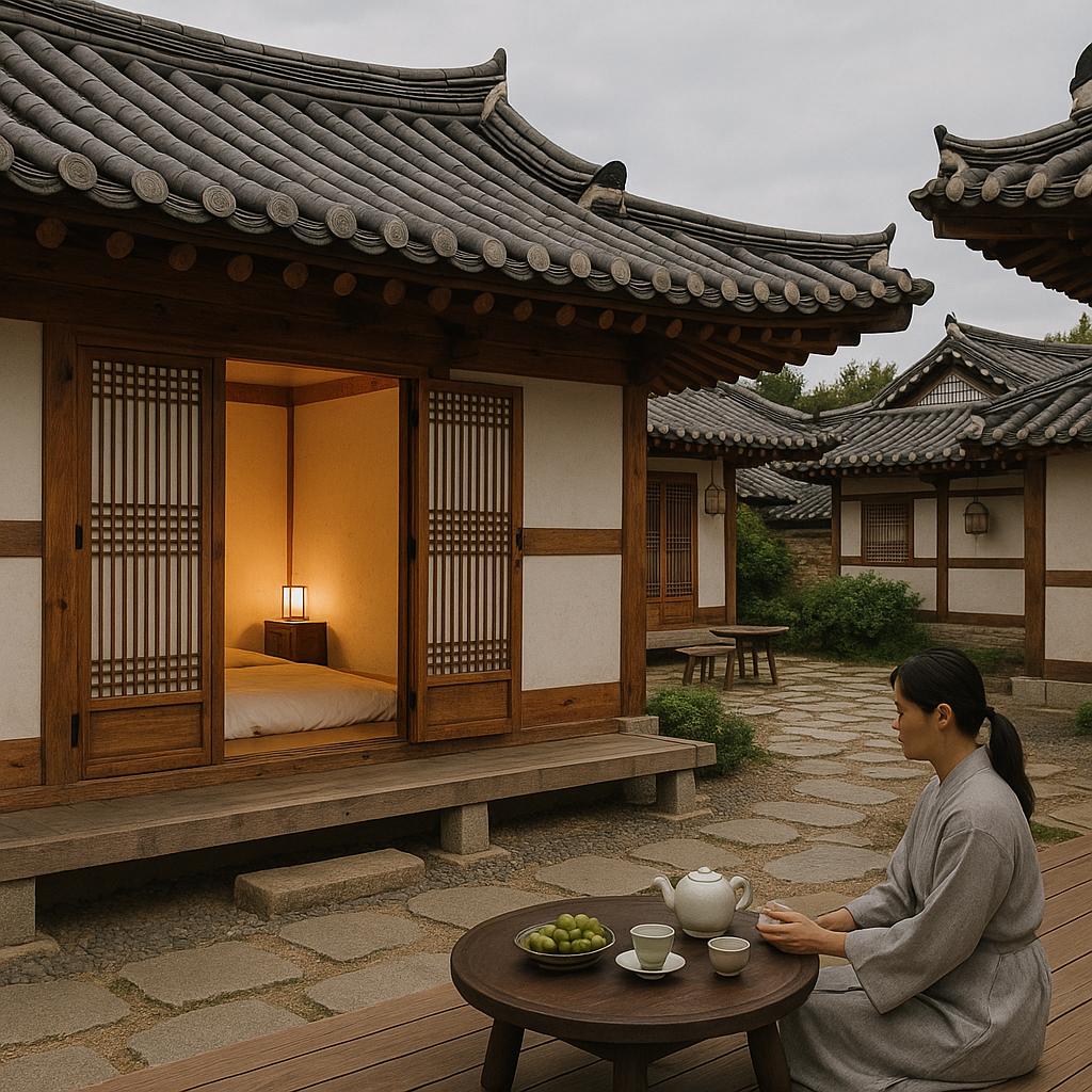 전통 한옥 마당에서 여인이 다도 체험을 즐기는 고요한 순간