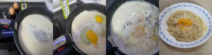 프라이팬에 두유와 달걀을 넣고, 두유프라이를 만드는 절차