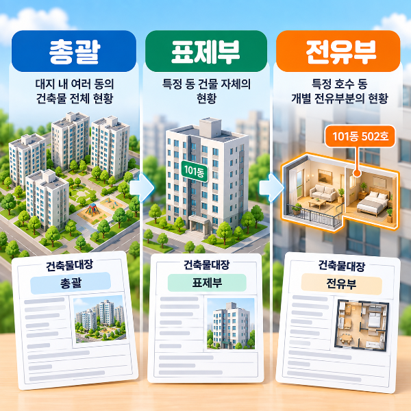 집합건축물대장의 총괄 표제부 전유부 차이를 아파트 단지 전체 특정 동 특정 호수로 설명한 이미지
