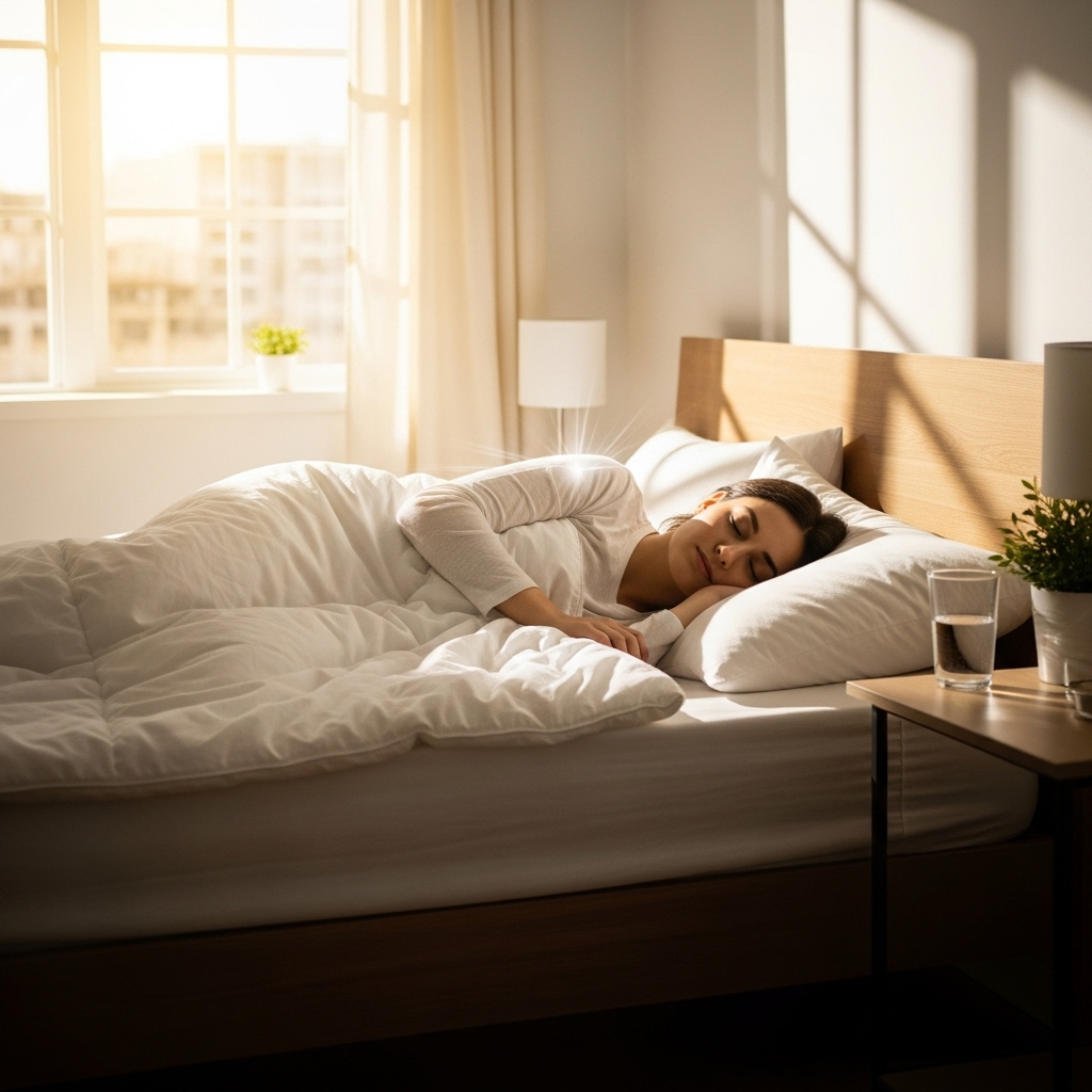 자연광이 스며드는 깔끔한 침실에서 편안하게 잠든 사람의 모습. 충분한 수면이 면역력에 미치는 긍정적인 영향을 보여줍니다.