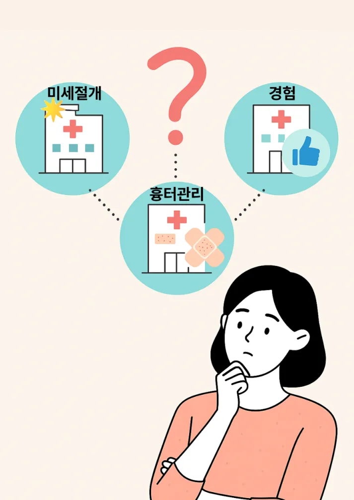 흉터 걱정 없이 피지낭종 병원을 선택하는 기준(경험, 미세 절개, 흉터 관리)을 시각적으로 보여주는 일러스트 이미지