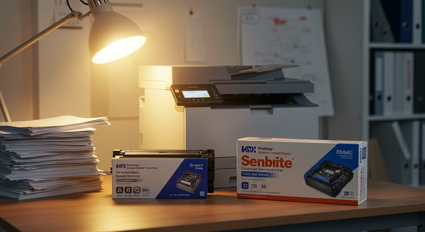 레이저프린터 옆에 놓인 정품 토너와 호환 토너 카트리지, 비용 효율성을 강조하는 이미지