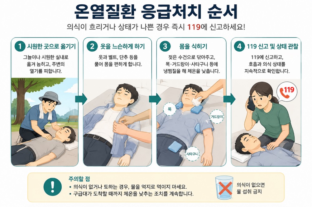 환자를 시원한 장소로 옮긴 뒤 옷을 느슨하게 하고 몸을 식히는 온열질환 응급처치 순서