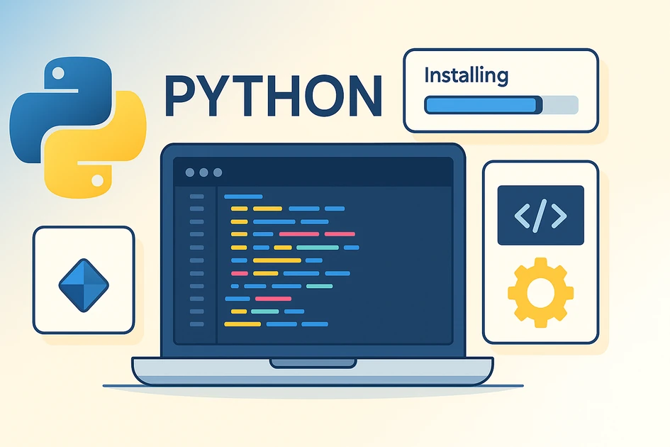 Python download and installation guide showing development environment setup with code editor and package manager
