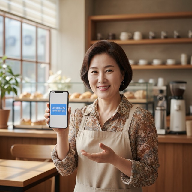 스마트폰으로 소상공인 경영안정 바우처 승인 알림을 확인하며 미소 짓는 카페 사장님