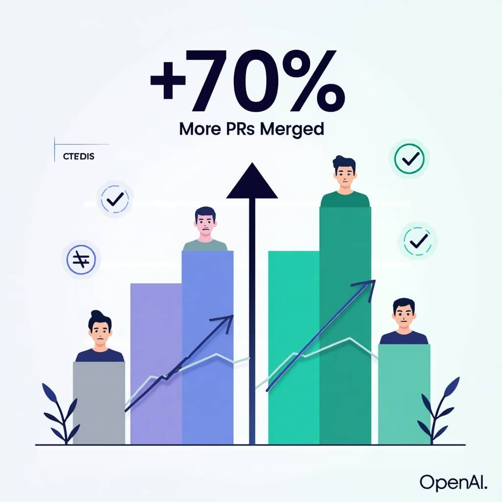 OpenAI Codex 도입 후 개발자 생산성 70% 향상을 보여주는 인포그래픽. Before/After 막대 그래프와 상승 추세선으로 PR 병합 증가를 시각화함.