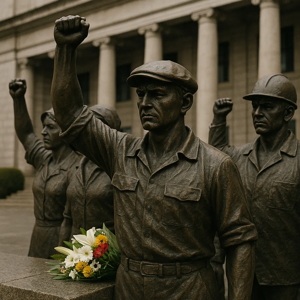 노동자의 권리를 상징하는 청동 조각상과 헌화 장면