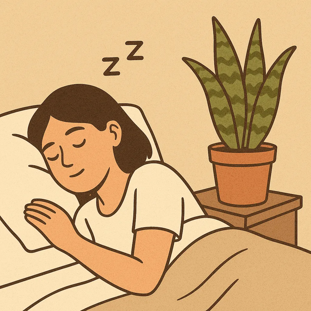 침대 옆에 화분이 놓인 방에서 평화롭게 잠든 여성의 삽화
