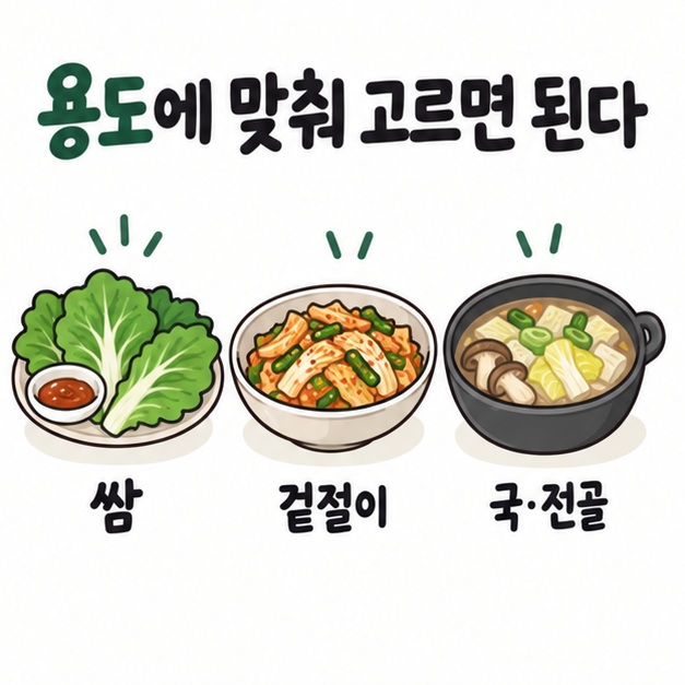 쌈과 겉절이, 국에 사용할 배추를 잎 상태와 필요한 양에 맞춰 고르는 모습을 보여주는 카드